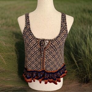 Patrons of Peace Size S Boho Embroidered Floral Ruffle Tank Top Festival Cottage